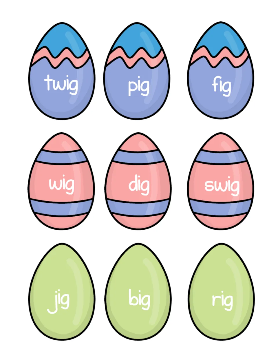 Nine -ig word egg cards to cut out: twig, pig, fig, wig, dig, swig, jig, big and rig for reading and sorting