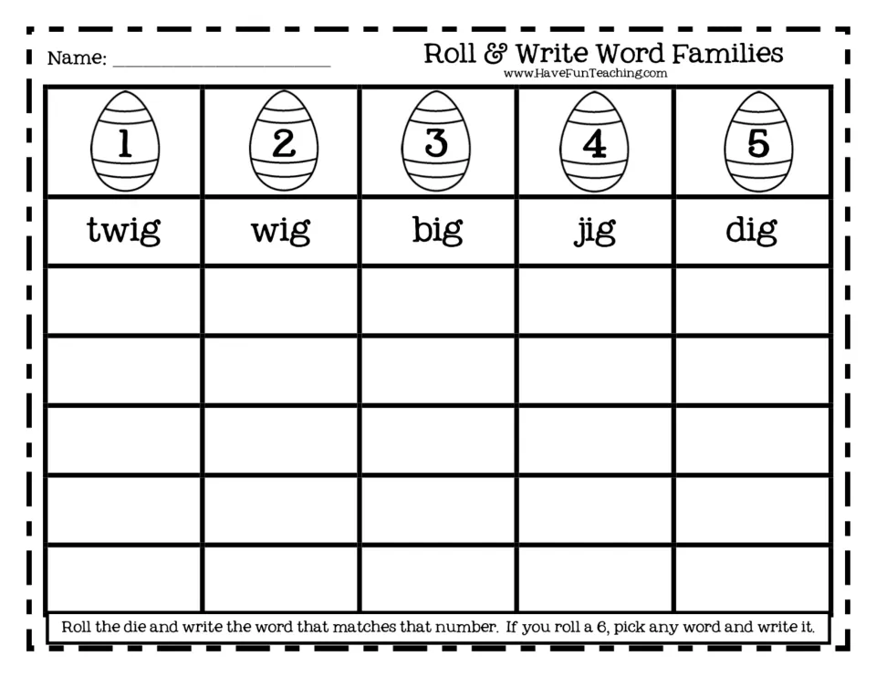 Roll & Write Word Families: students roll a die and write the -ig word matching the number: twig, wig, big, jig or dig