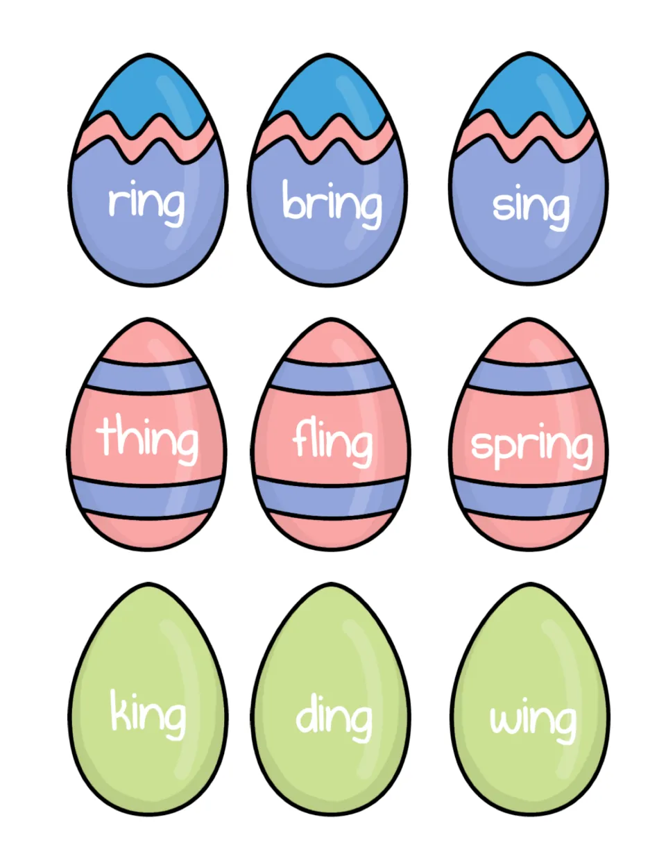-ing egg word cards to cut out: ring, bring, sing, thing, fling, spring, king, ding and wing for reading and sorting