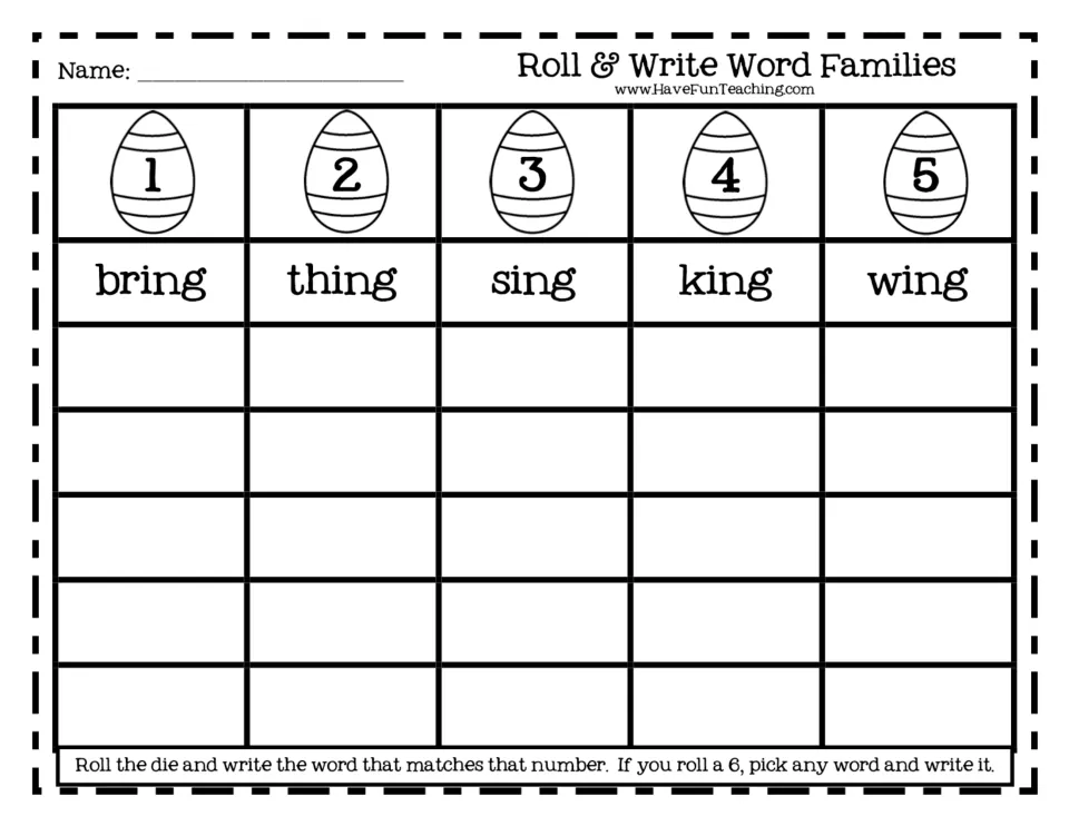 Roll & Write Word Families: students roll a die and write the -ing word matching the number: bring, thing, sing, king, wing