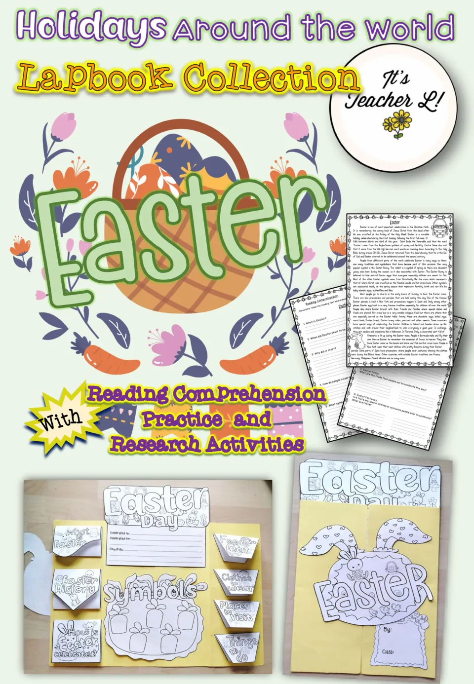 Easter lapbook resource cover showing the assembled project, reading passage, and comprehension activities