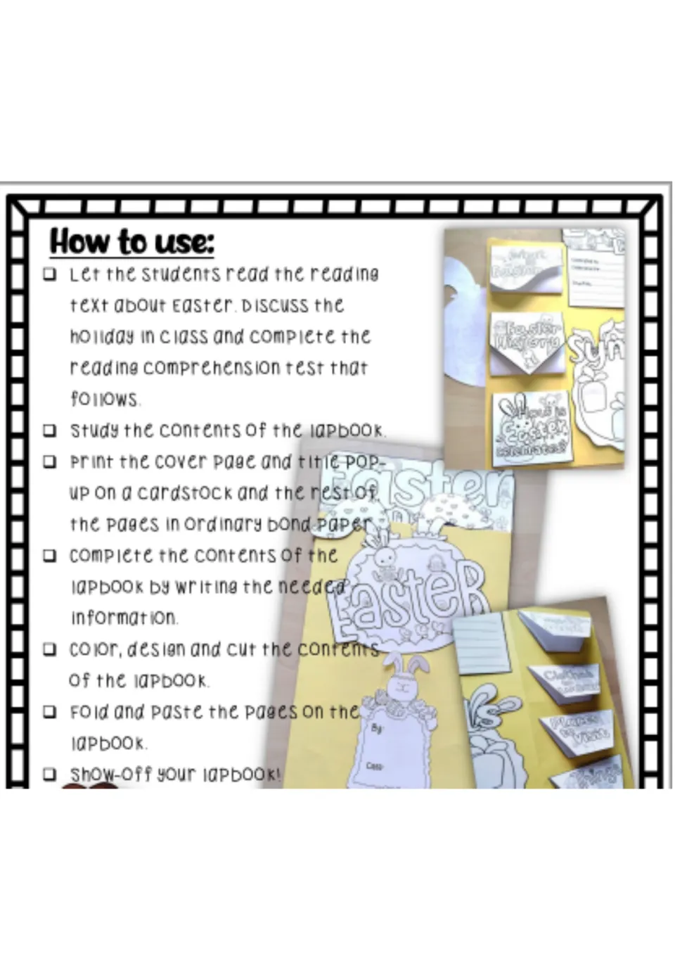 Easter lapbook directions for reading, answering questions, printing, writing, coloring, cutting, and assembly