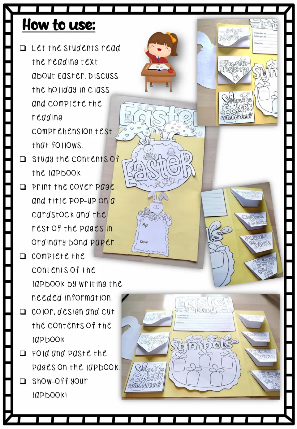 Easter lapbook instruction sheet repeats the reading and assembly steps beside photos of the finished project
