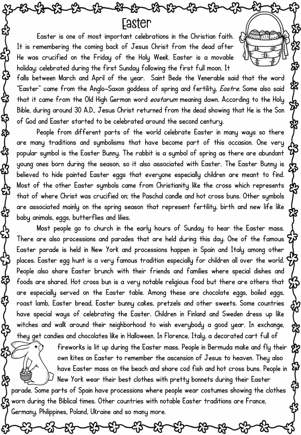 Easter reading passage explains the holiday's Christian origins, symbols, foods, and traditions around the world