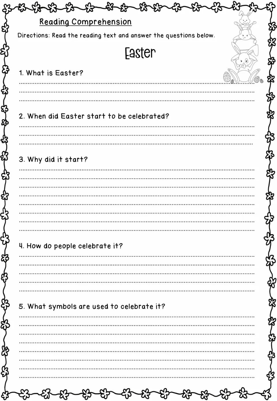 Easter reading comprehension asks five questions about the holiday's meaning, beginnings, celebrations, and symbols