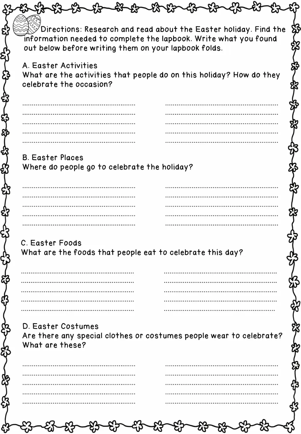 Easter lapbook research sheet asks students to record holiday activities, places, foods, and special clothing