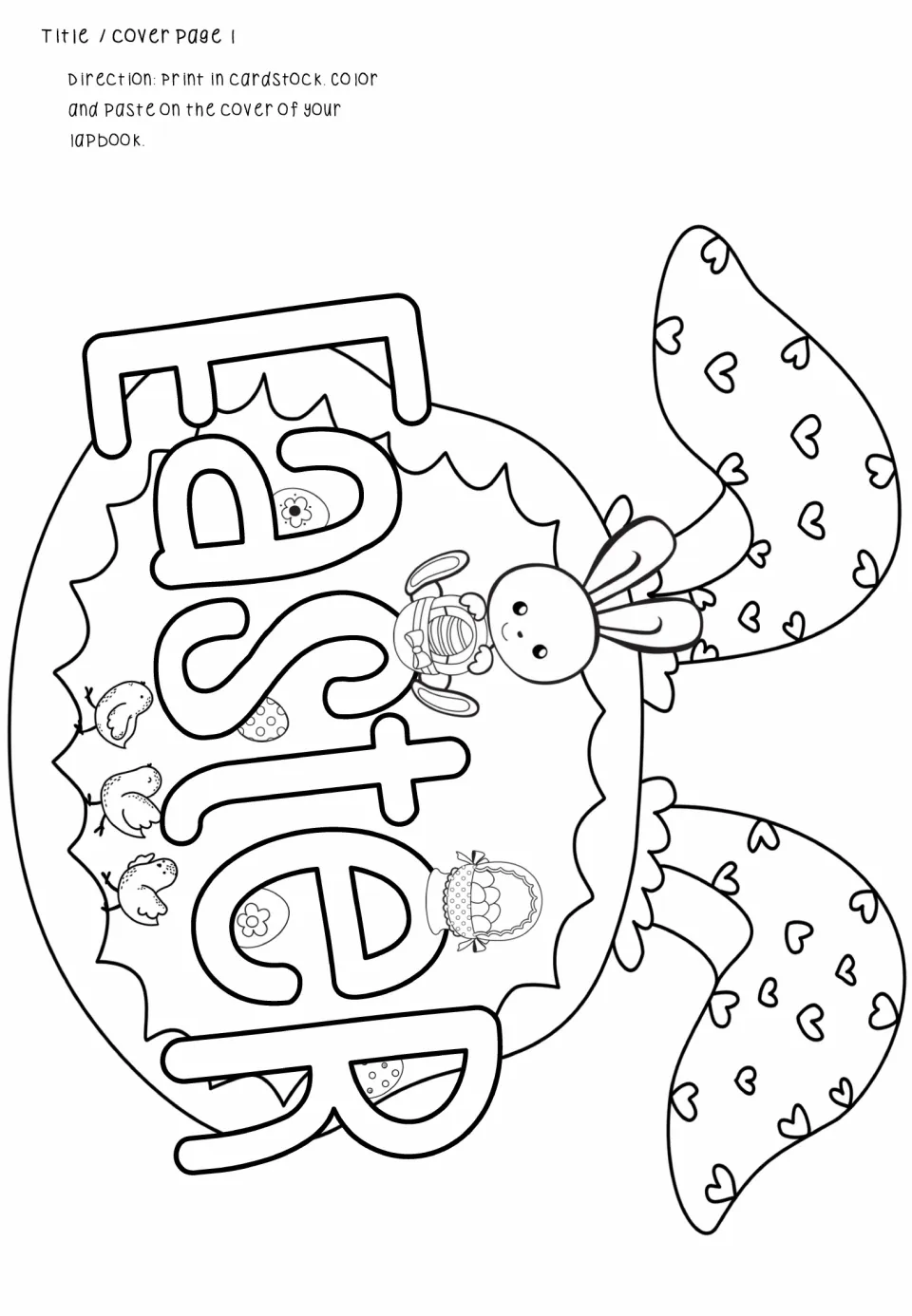 Easter lapbook cover cutout features the word 'Easter' and rabbit ears for students to color and paste