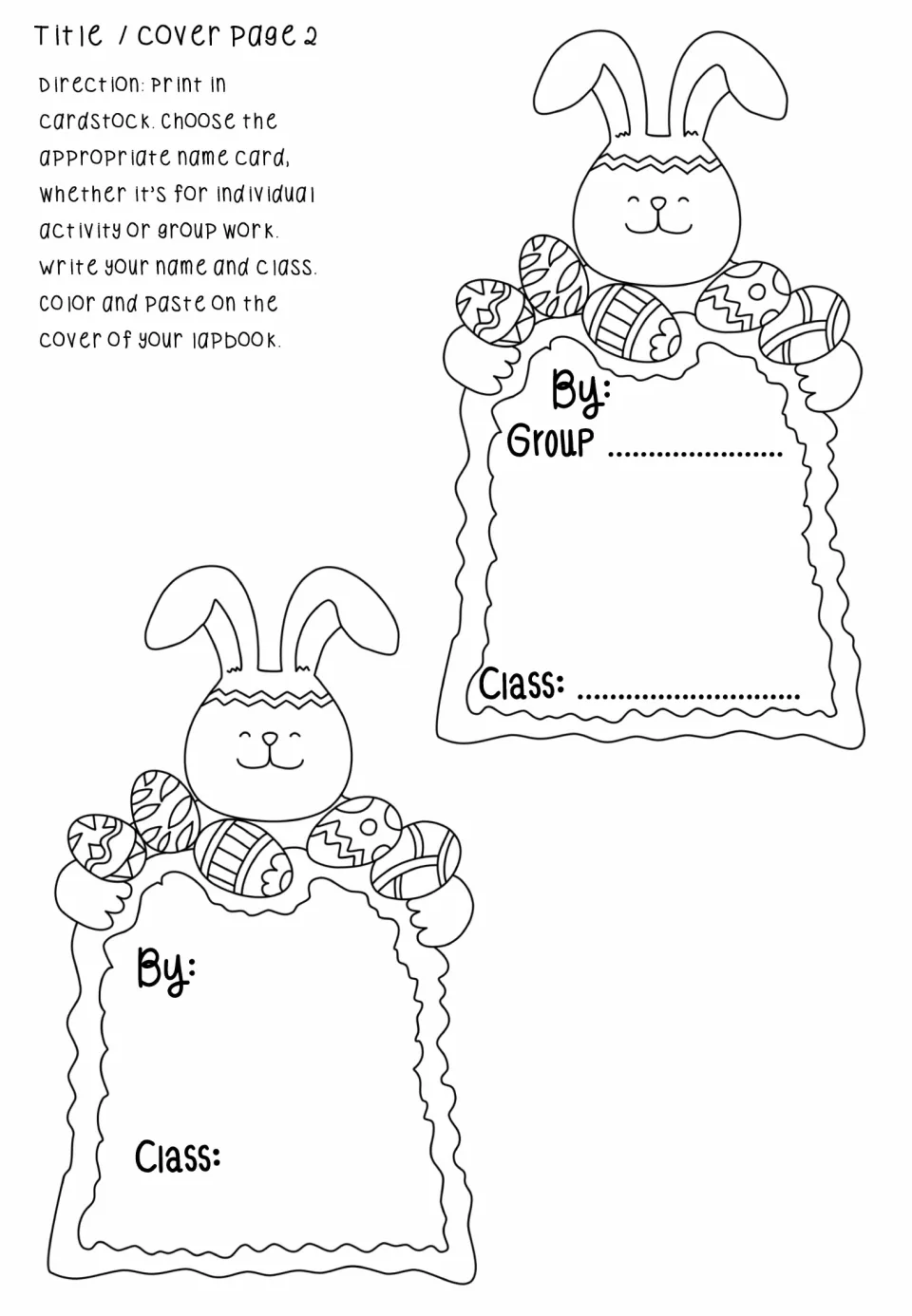 Easter lapbook cover name cards offer individual and group versions, each with space to identify the class