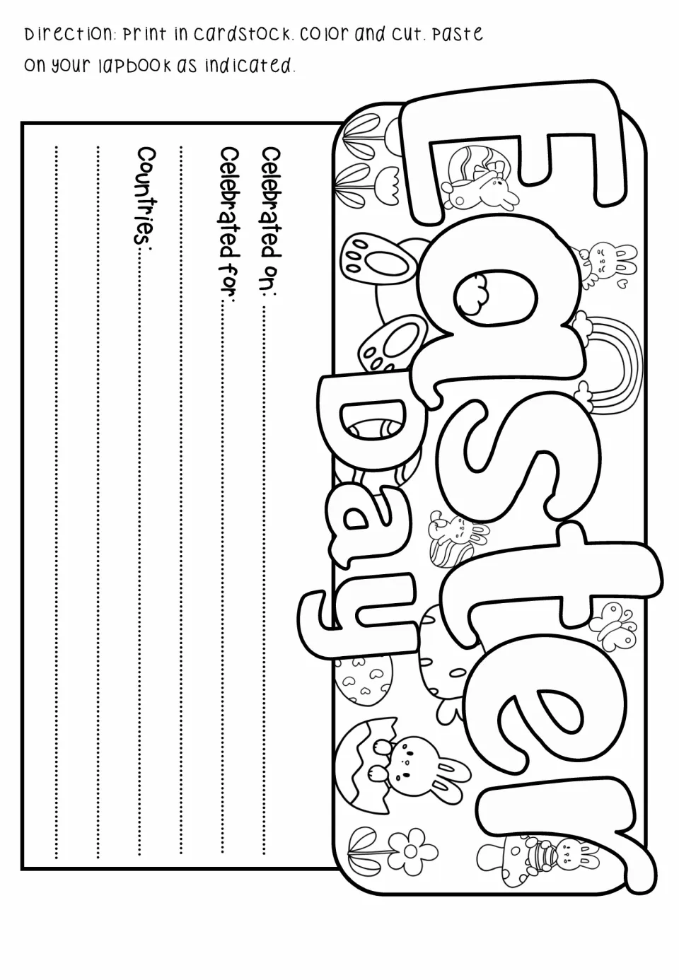 Easter Day lapbook title piece asks when the holiday is celebrated, what it celebrates, and in which countries