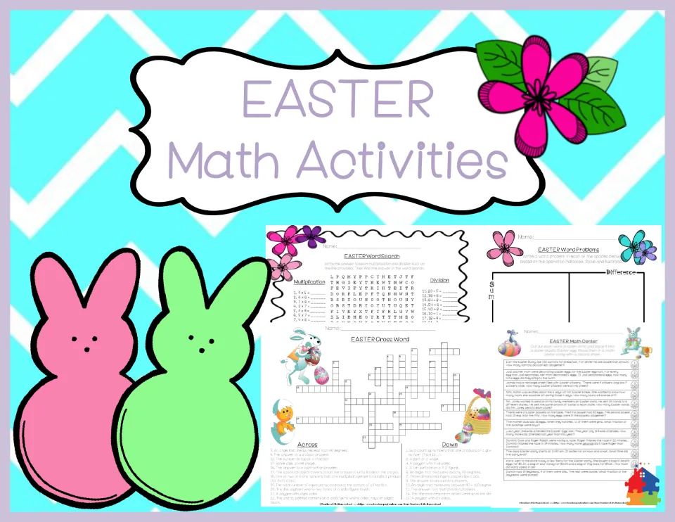 Easter math activities cover previewing a word search, crossword, sum/difference word problems and a math center task