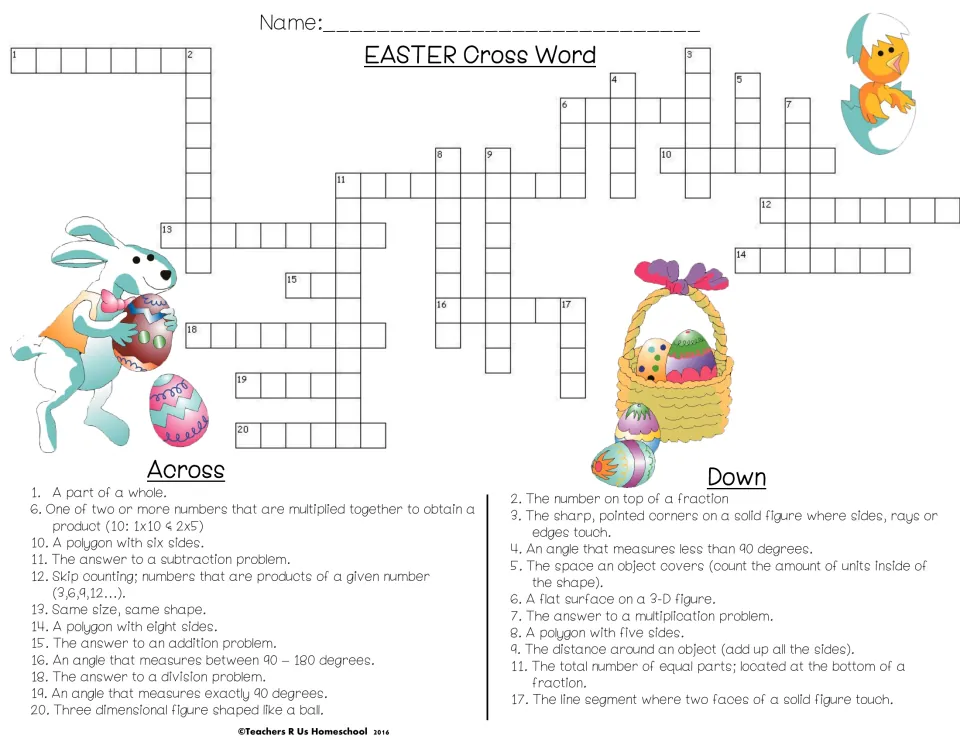 Easter math vocabulary crossword: students solve 20 clues on fractions, angles, polygons, solid figures and operations