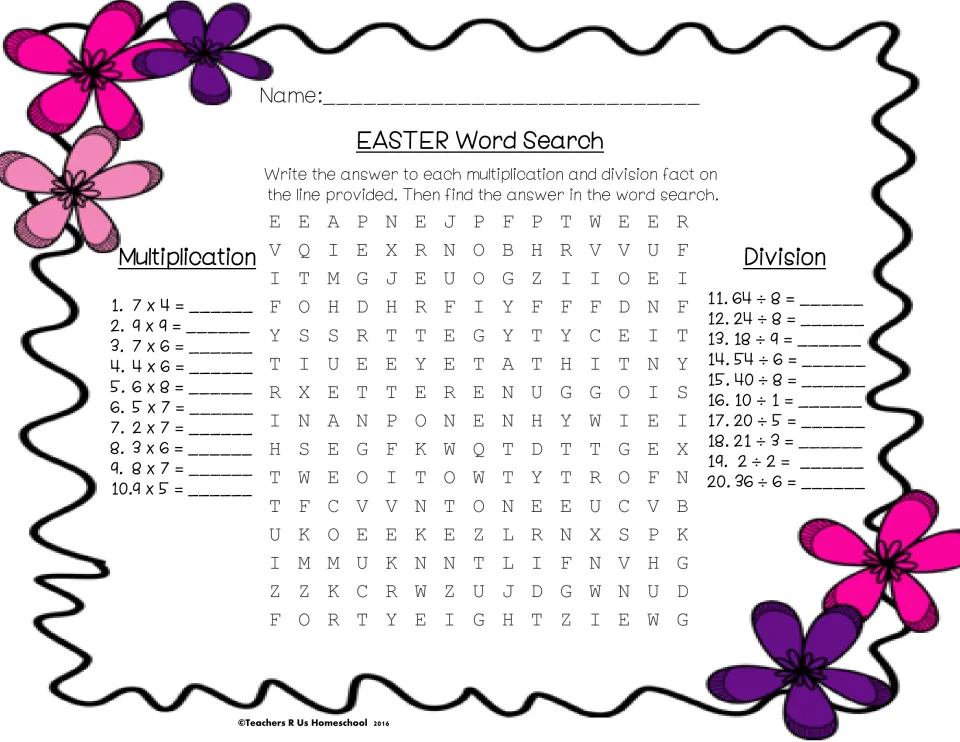 Easter word search: students solve 10 multiplication and 10 division facts, then find each answer spelled out in the grid