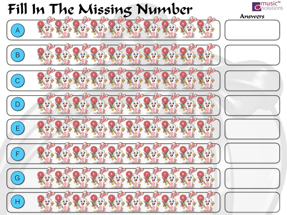 Fill In The Missing Number: rows A to H of bunnies holding 1 to 10, with one number replaced by ? for students to find