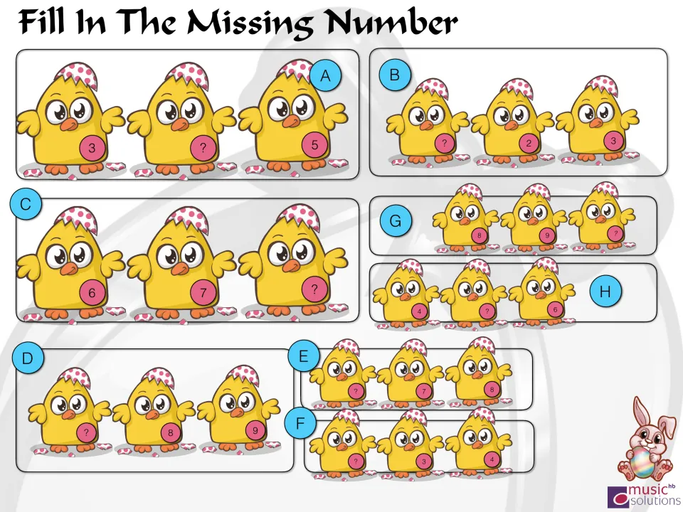 Missing number with chicks: sets A to H show three consecutive numbers, such as 3, ?, 5, for students to complete