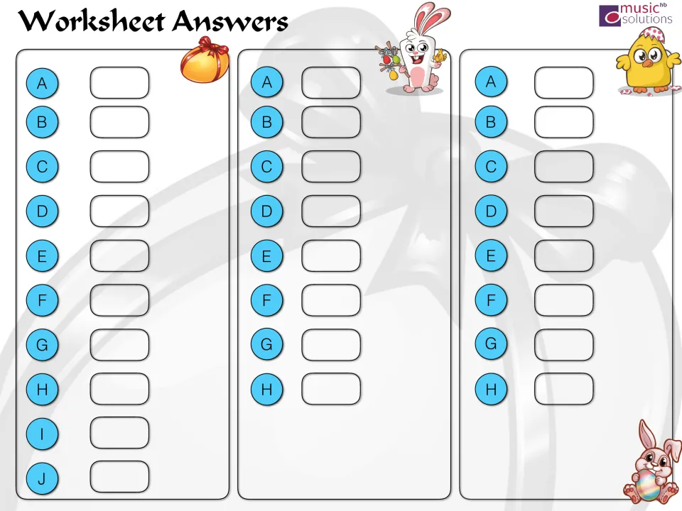 Worksheet Answers recording sheet: answer spaces A to J for the egg count, then A to H for the bunny and chick puzzles