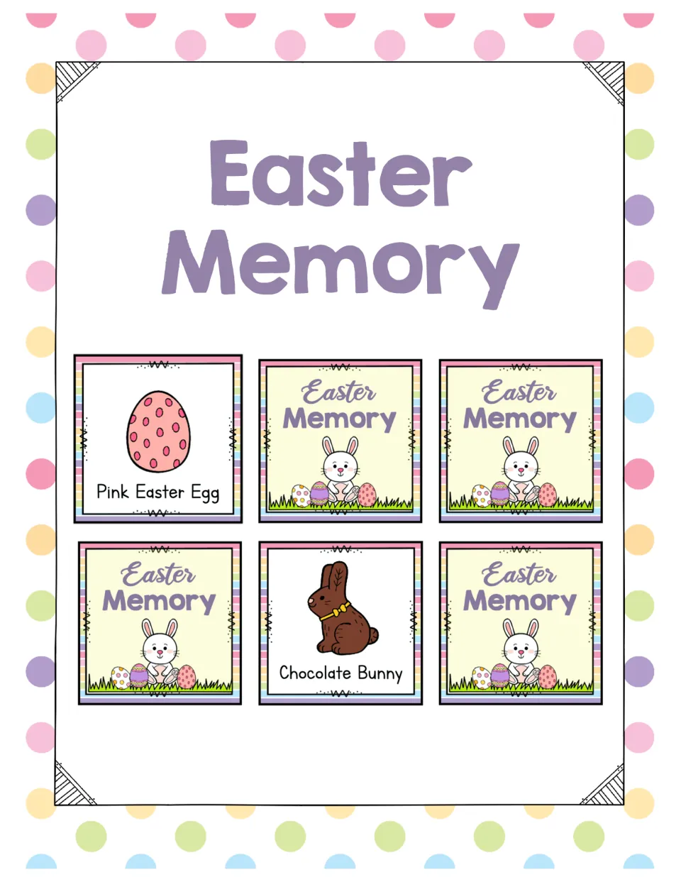 Easter Memory game cover showing sample card fronts labeled Pink Easter Egg and Chocolate Bunny, plus backs