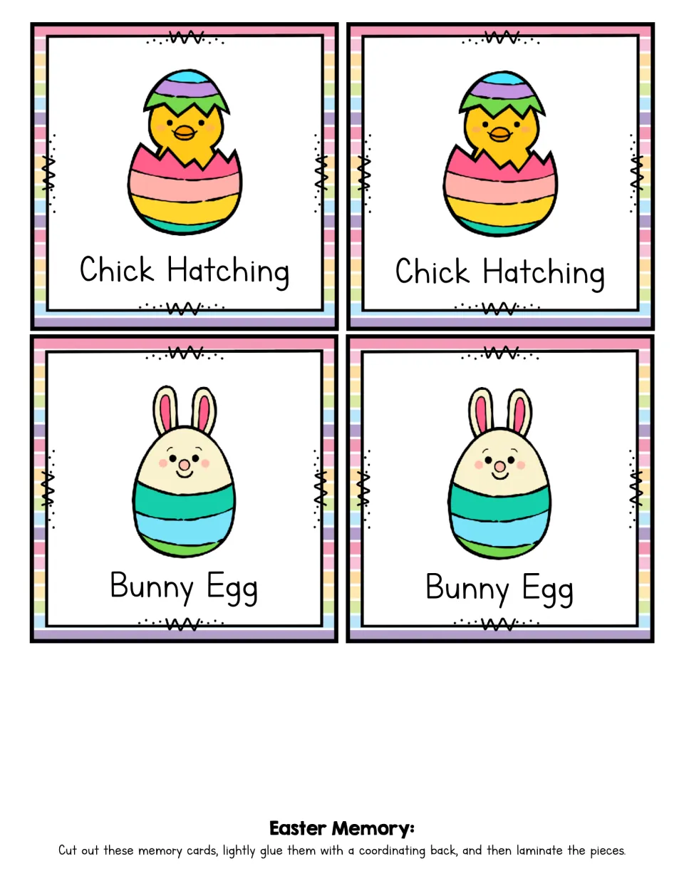 Matching cards 1–4 of the 24-card game: two Chick Hatching cards and two Bunny Egg cards, each labeled