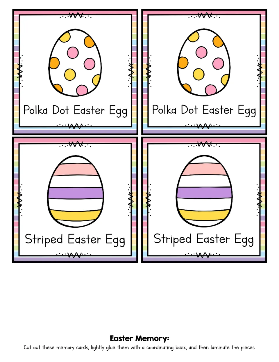 Matching cards 5–8 of the 24-card game: labeled pairs showing Polka Dot Easter Egg and Striped Easter Egg