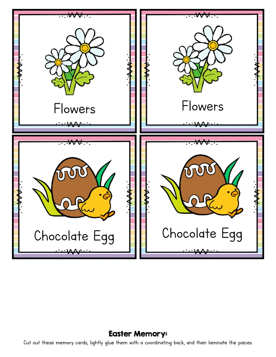 Matching cards 9–12 of the 24-card game: two Flowers cards and two Chocolate Egg cards, each with a picture