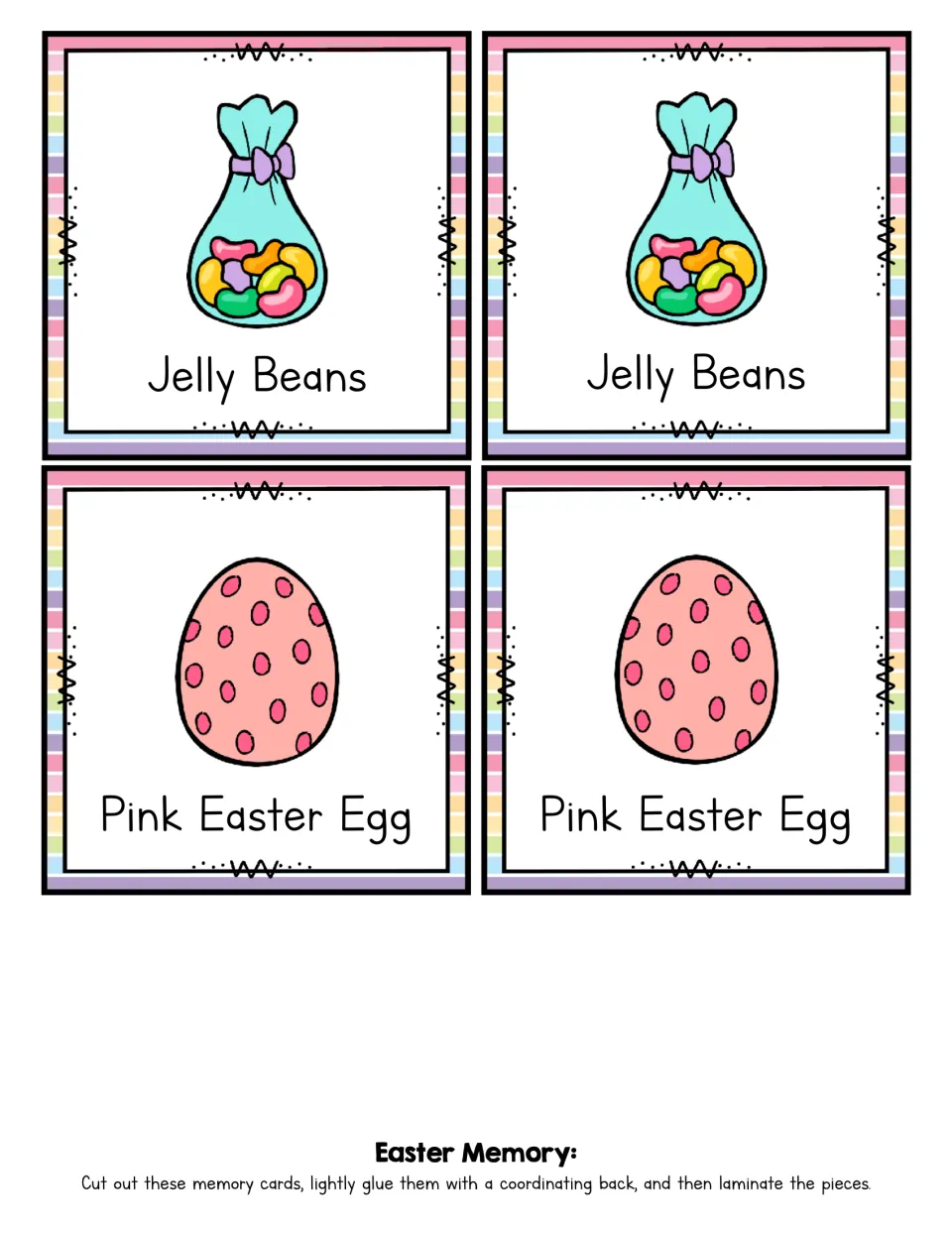 Matching cards 13–16 of the 24-card game: labeled pairs showing bags of Jelly Beans and Pink Easter Eggs