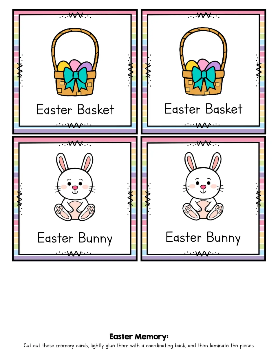 Matching cards 17–20 of the 24-card game: two Easter Basket cards and two Easter Bunny cards with pictures