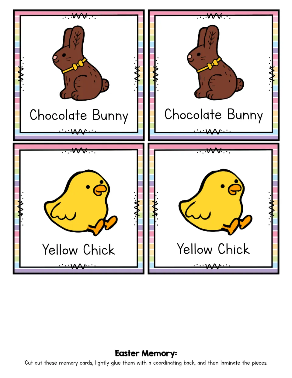 Matching cards 21–24 of the 24-card game: two Chocolate Bunny cards and two Yellow Chick cards with pictures