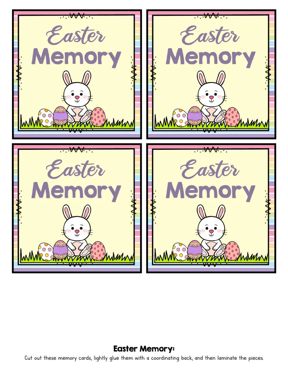 Four identical backs for the matching game cards, showing the game title and a bunny beside Easter eggs