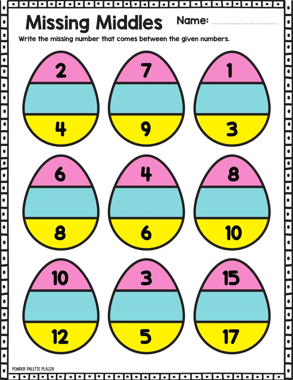 Missing-number practice 1: nine Easter eggs to complete, including sequences 2, __, 4; 7, __, 9; 1, __, 3.