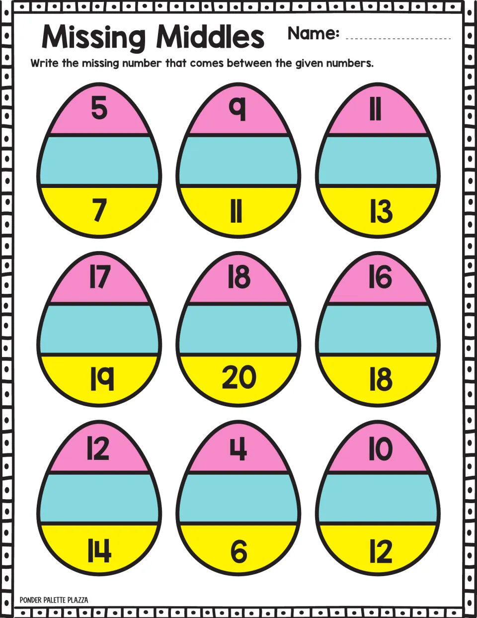 Missing-number practice 2: nine Easter eggs to complete, including sequences 5, __, 7; 9, __, 11; 11, __, 13.