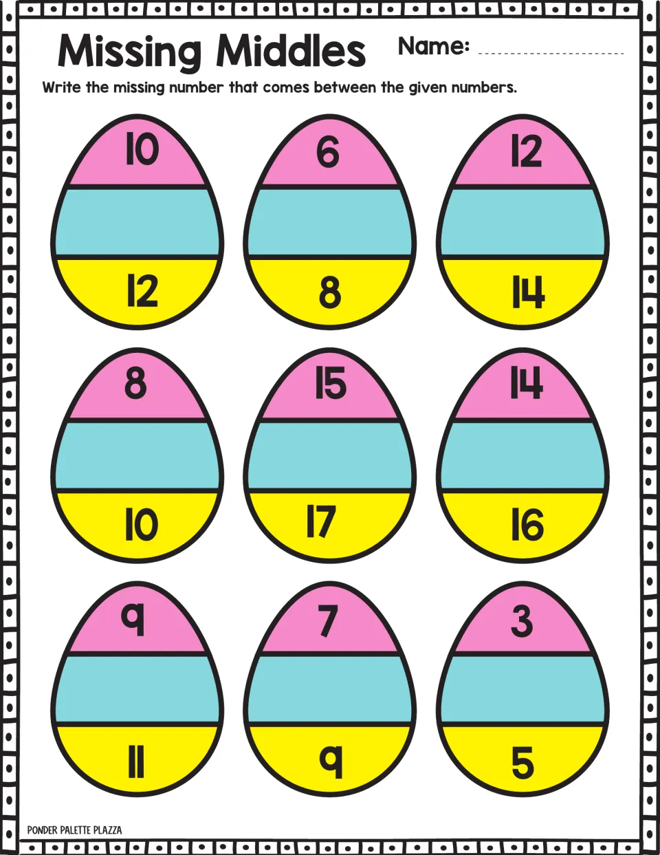 Missing-number practice 3: nine Easter eggs to complete, including sequences 10, __, 12; 6, __, 8; 12, __, 14.