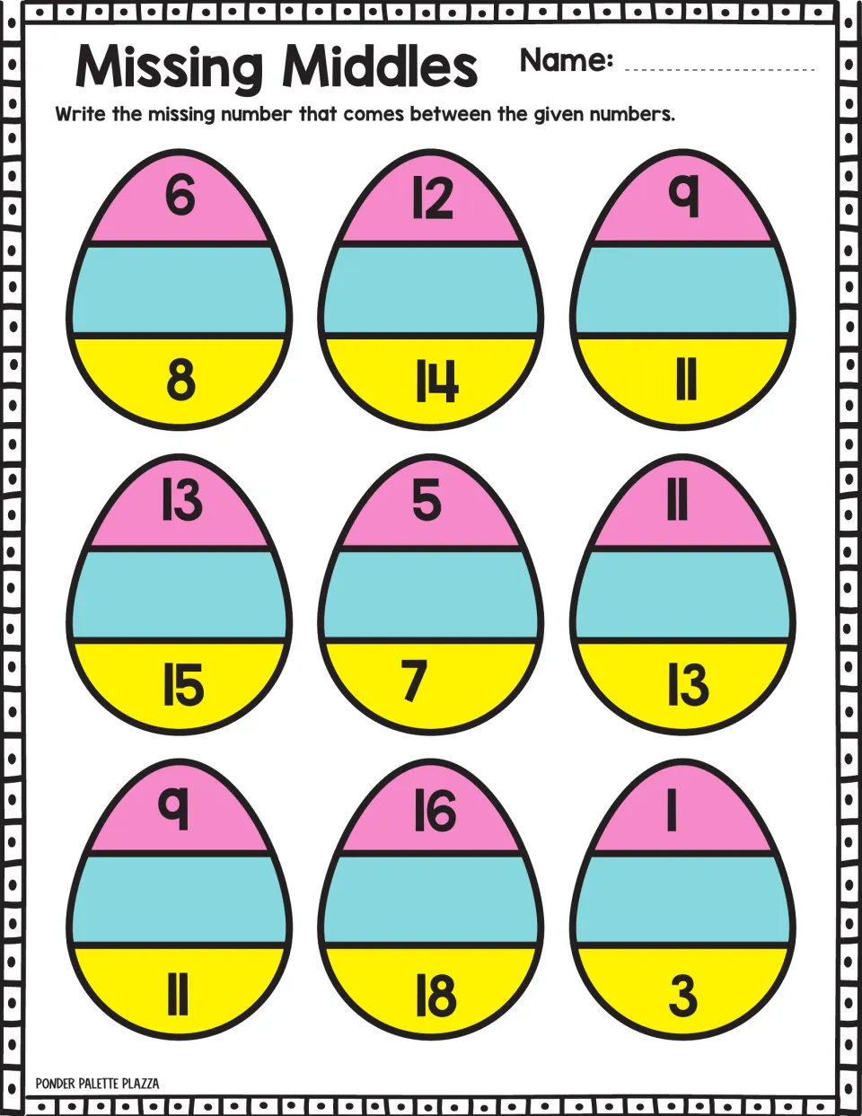 Missing-number practice 4: nine Easter eggs to complete, including sequences 6, __, 8; 12, __, 14; 9, __, 11.