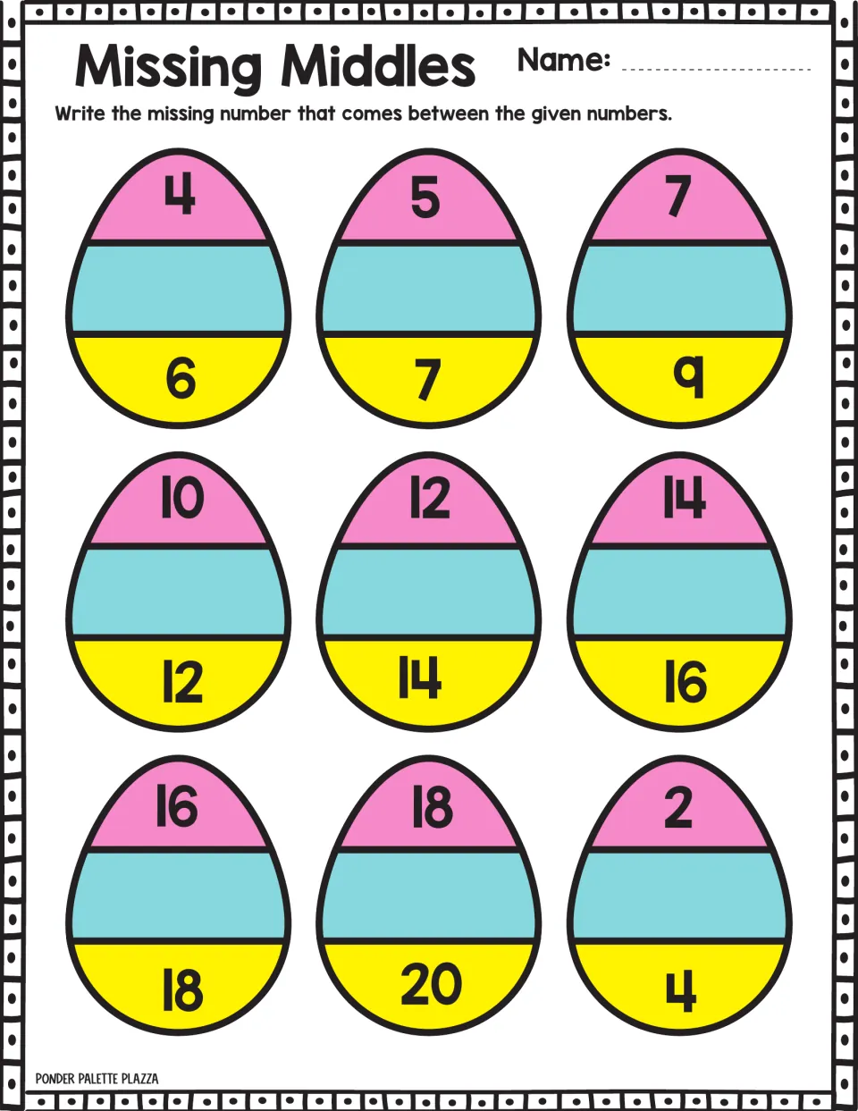 Missing-number practice 5: nine Easter eggs to complete, including sequences 4, __, 6; 5, __, 7; 7, __, 9.
