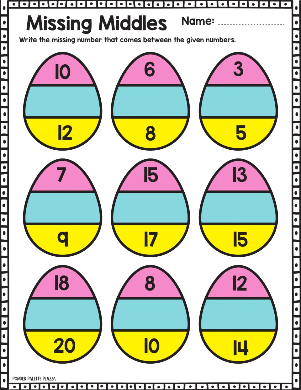 Missing-number practice 6: nine Easter eggs to complete, including sequences 10, __, 12; 6, __, 8; 3, __, 5.