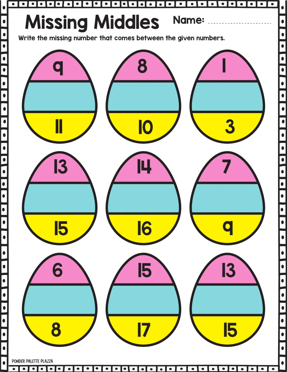 Missing-number practice 7: nine Easter eggs to complete, including sequences 9, __, 11; 8, __, 10; 1, __, 3.