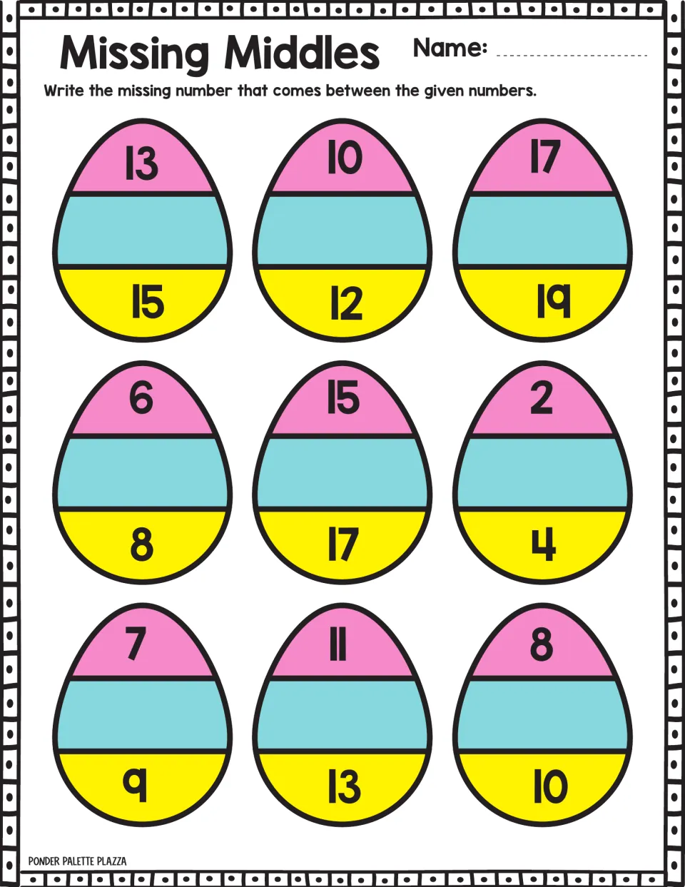 Missing-number practice 8: nine Easter eggs to complete, including sequences 13, __, 15; 10, __, 12; 17, __, 19.