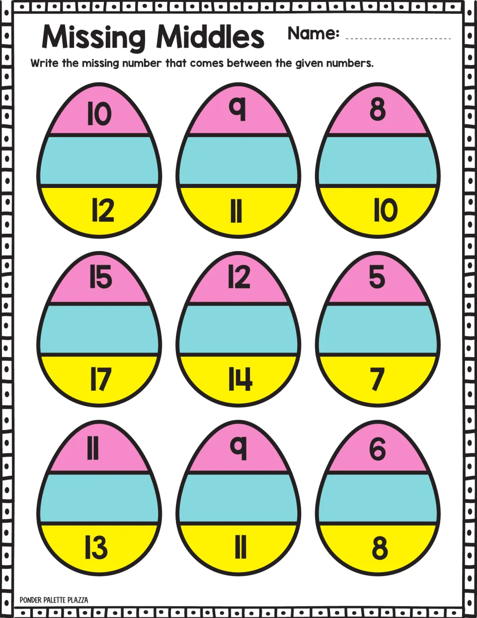 Missing-number practice 9: nine Easter eggs to complete, including sequences 10, __, 12; 9, __, 11; 8, __, 10.