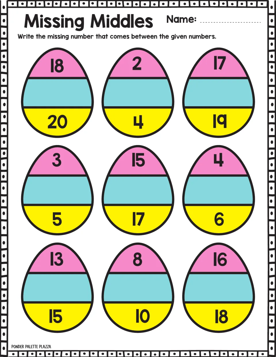 Missing-number practice 10: nine Easter eggs to complete, including sequences 18, __, 20; 2, __, 4; 17, __, 19.