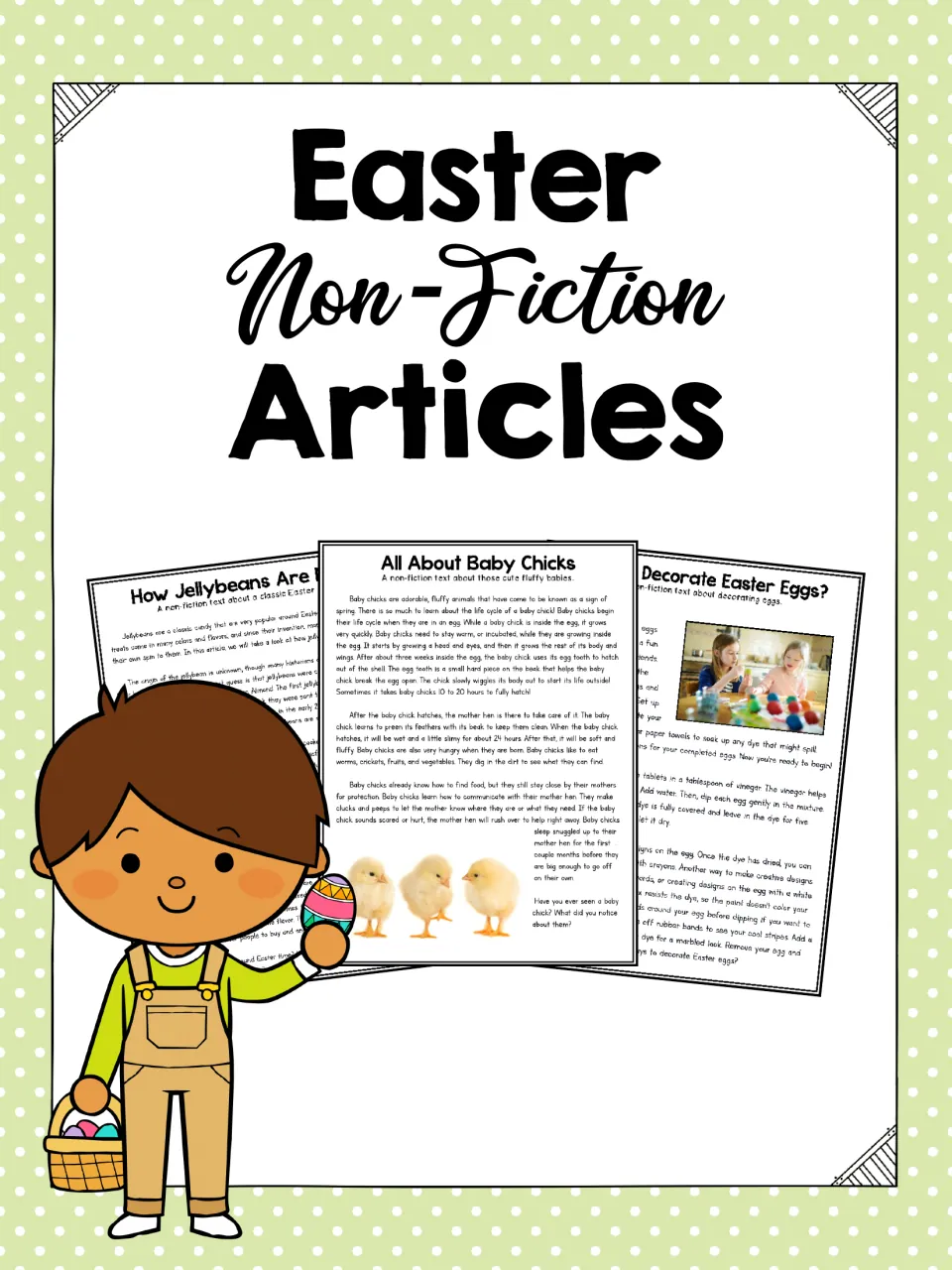 Easter Non-Fiction Articles cover previewing reading passages on baby chicks, jellybeans and decorating Easter eggs