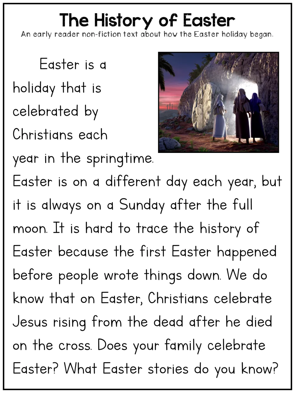 The History of Easter, early reader text: students read how Easter began and why its date changes, with a photo of a tomb