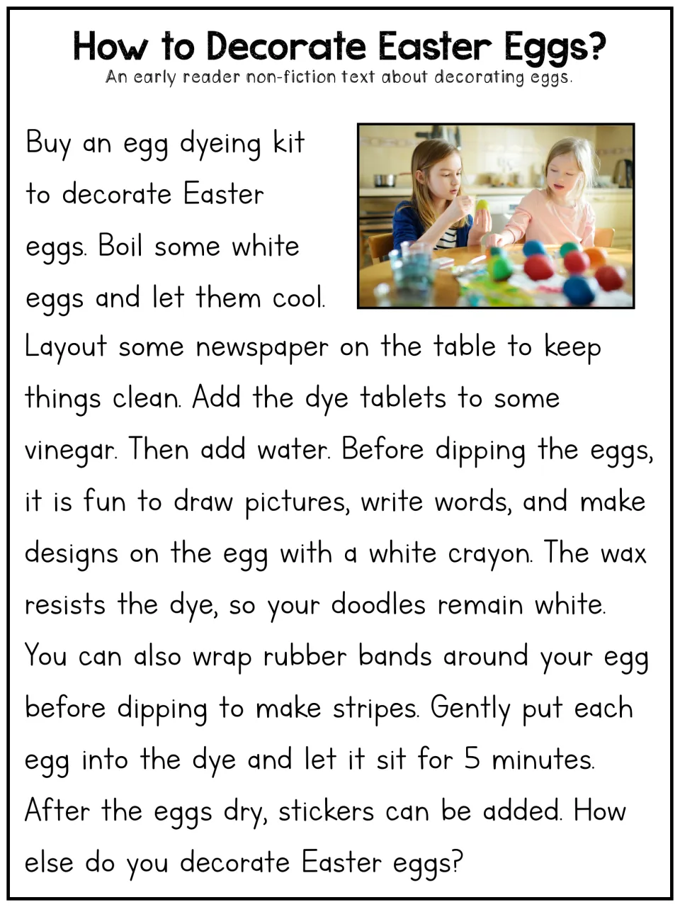 How to Decorate Easter Eggs? early reader text: students read the steps for dyeing eggs, using crayon wax and rubber bands