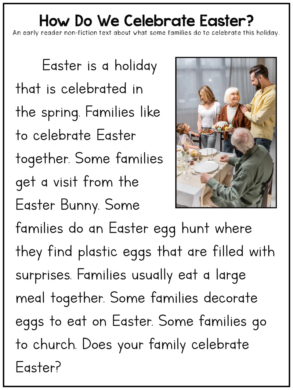 How Do We Celebrate Easter? early reader text on family traditions: egg hunts, the Easter Bunny, a big meal and church