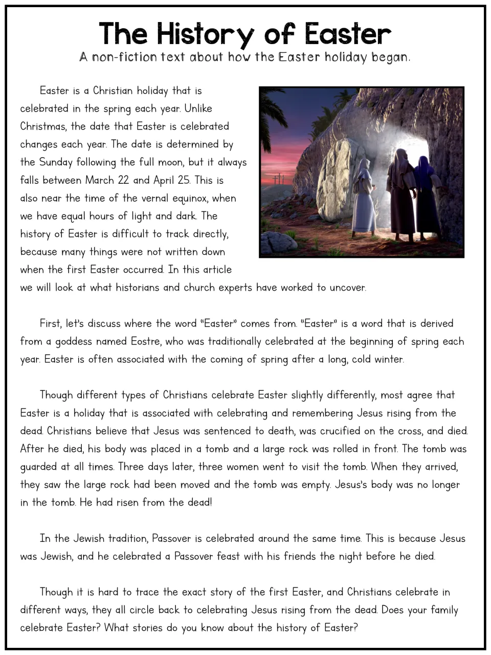 The History of Easter, longer text on the date, the goddess Eostre, Jesus rising from the tomb and the link to Passover