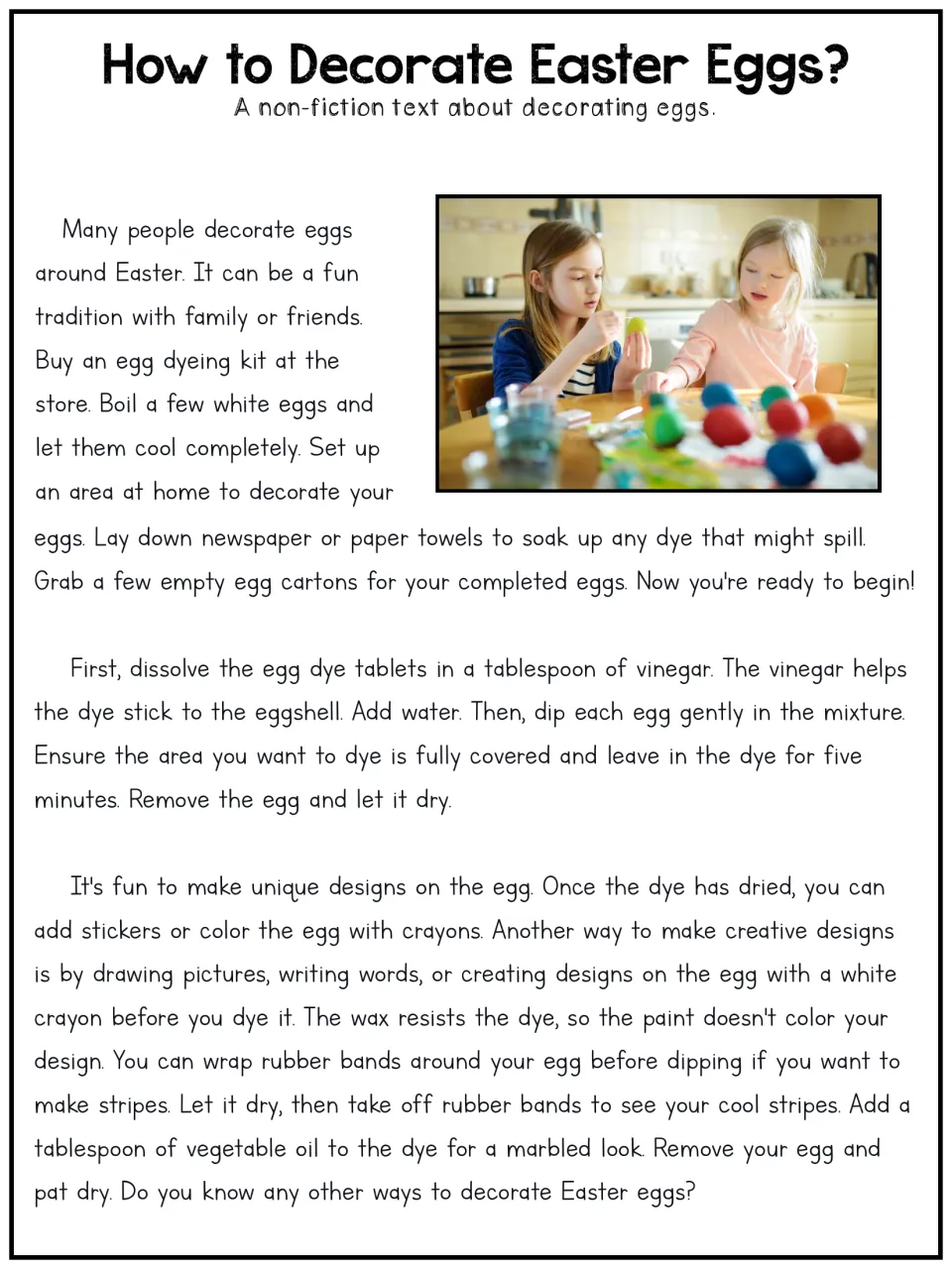 How to Decorate Easter Eggs? longer text: students read setup, dyeing with vinegar, crayon designs, stripes and marbling