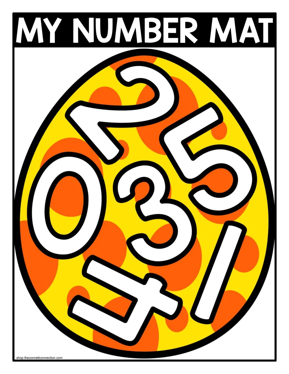 Color seek-and-find number mat for 0–5, with “MY NUMBER MAT” and six numerals inside an Easter egg.