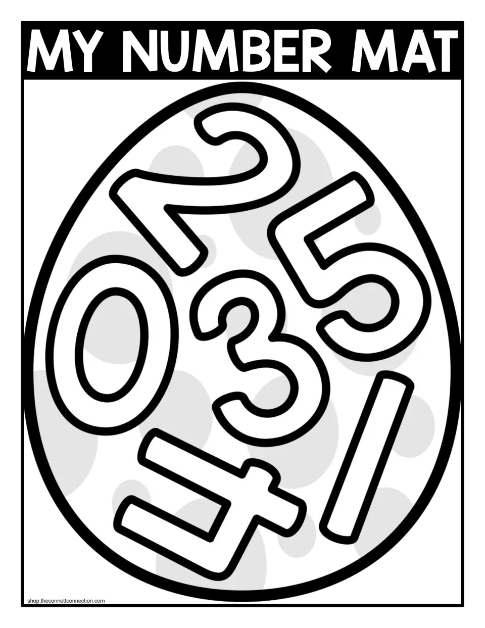Grayscale seek-and-find number mat for 0–5, with “MY NUMBER MAT” and six numerals inside an Easter egg.