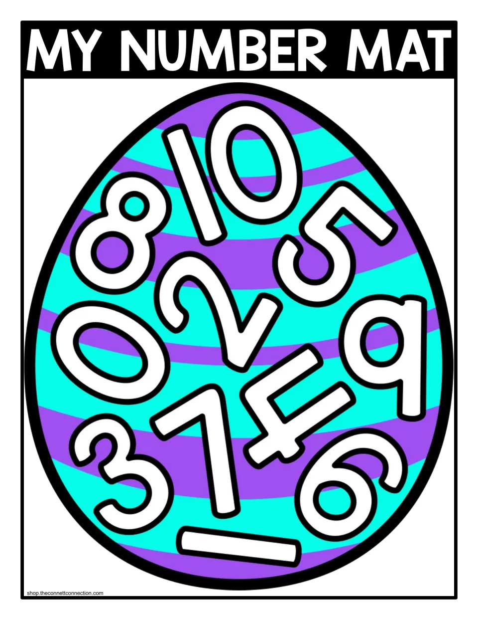 Color seek-and-find number mat for 0–10, with “MY NUMBER MAT” and 11 numbers inside an Easter egg.