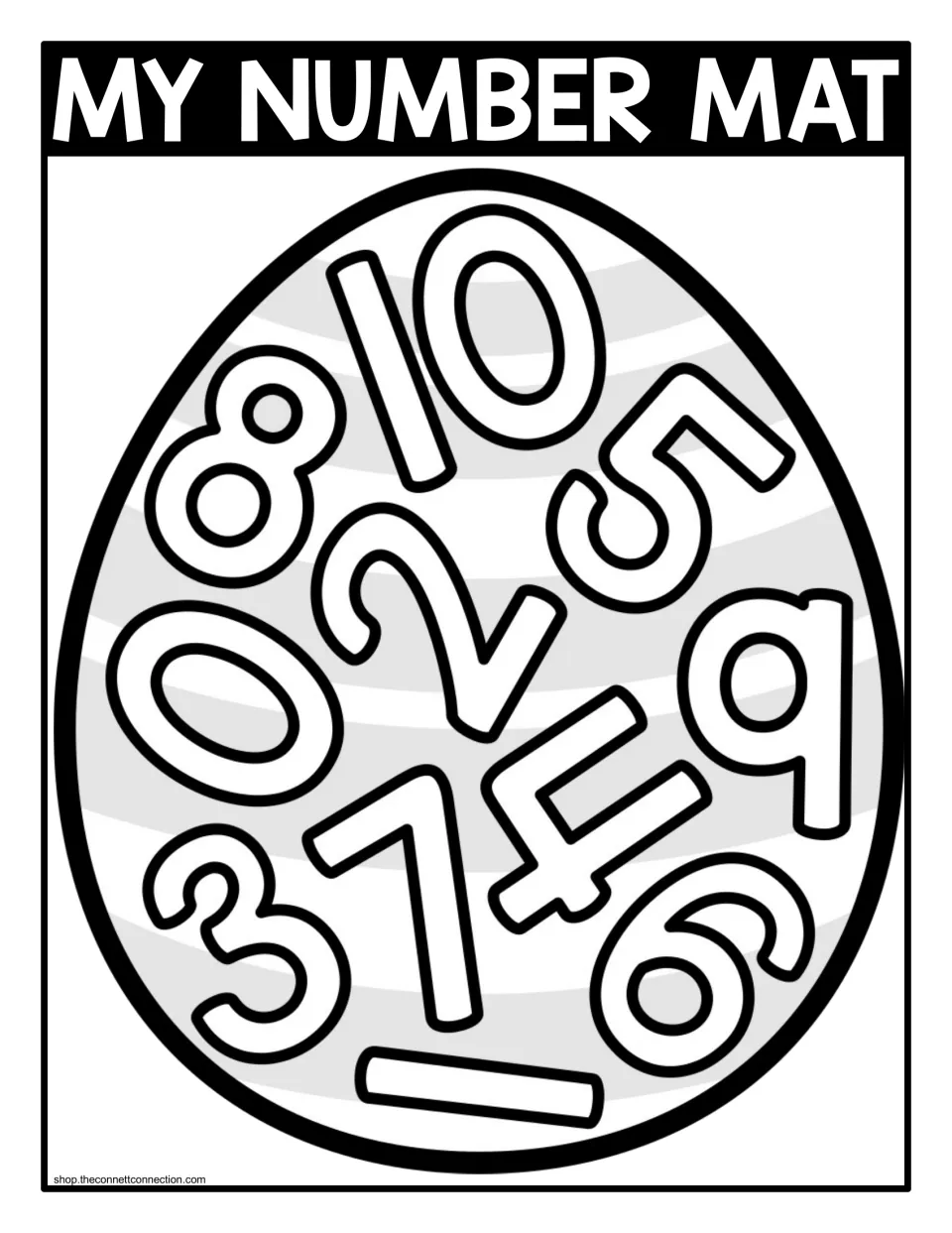 Grayscale seek-and-find number mat for 0–10, with “MY NUMBER MAT” and 11 numbers inside an Easter egg.