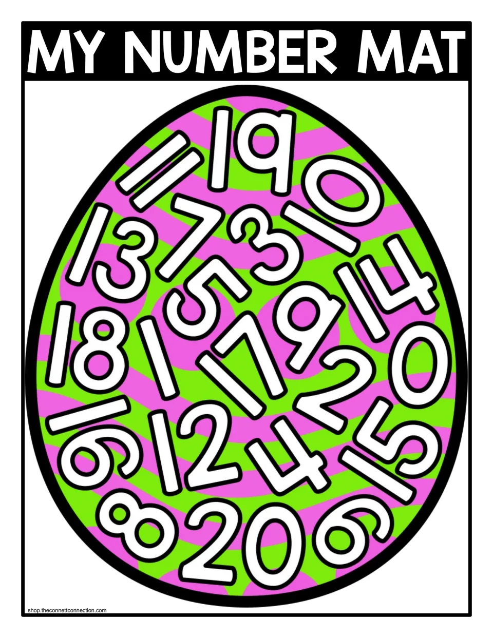 Color seek-and-find number mat for 0–20, with “MY NUMBER MAT” and 21 numbers inside an Easter egg.