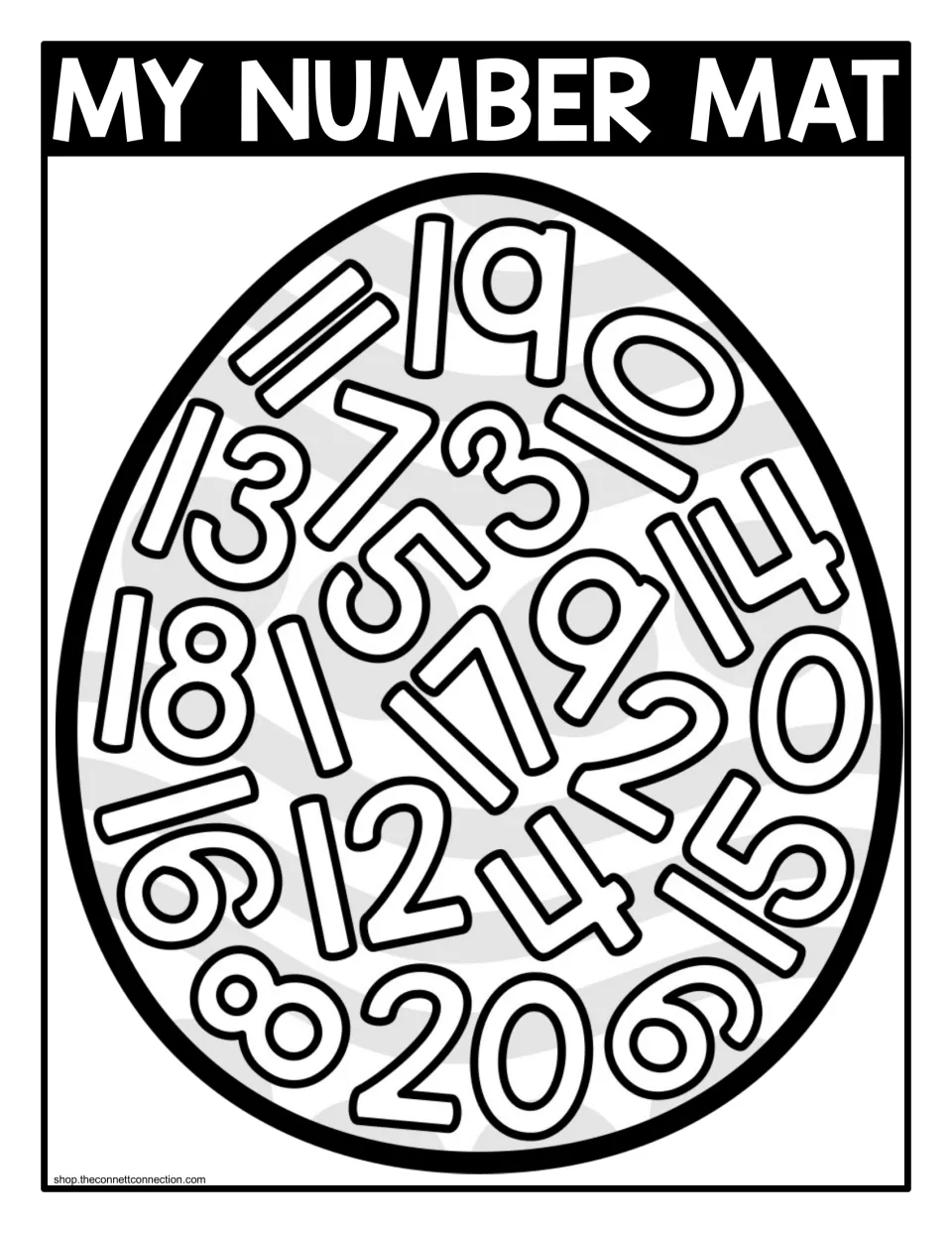 Grayscale seek-and-find number mat for 0–20, with “MY NUMBER MAT” and 21 numbers inside an Easter egg.