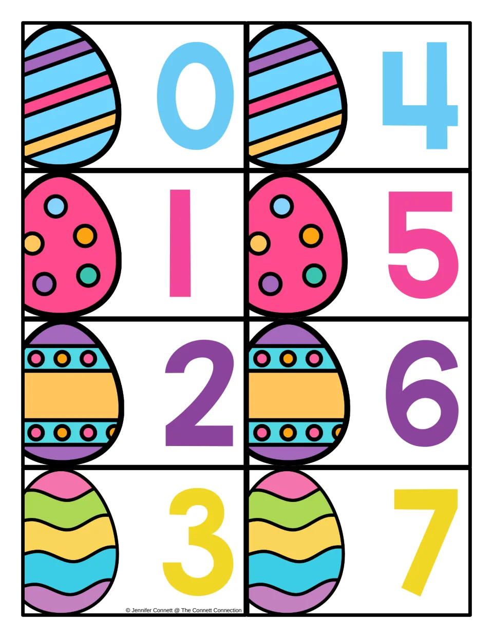 Easter number cards 0–7: eight cards from the 21-card set for finding and tracing numbers on the mats.